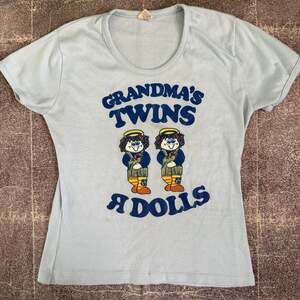 Women's Vintage 70's Fun Tees Raggedy Ann Powder Blue Grandma Baby T Shirt Sz L